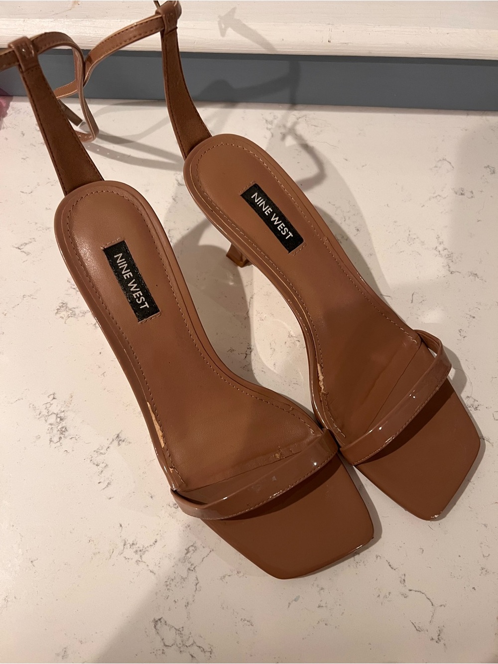 Nine West Tan Leather Square-Toe Slingback Heels